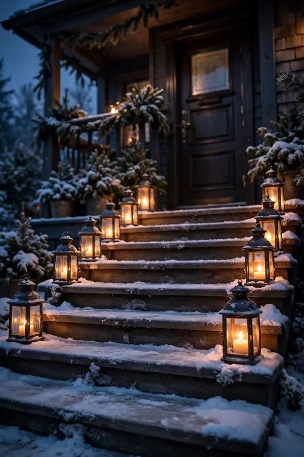 Photorealistic photograph of glowing lanterns lining snow-dusted front porch steps in the evening