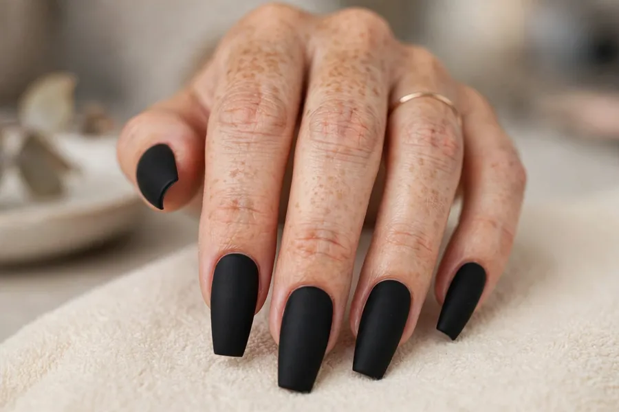 Matte black nails on coffin-shaped nails, velvety blackout manicure
