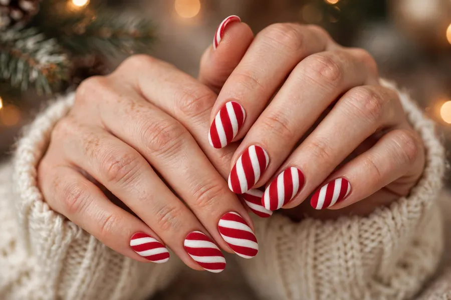 Matte candy cane nails with red and white stripes on real hands