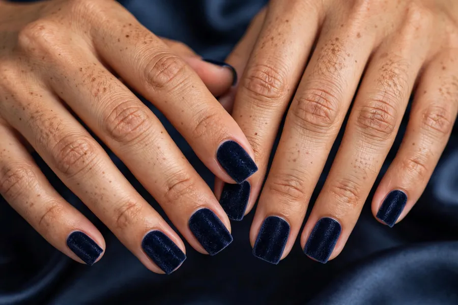 Midnight sapphire blue velvet nails on real hands