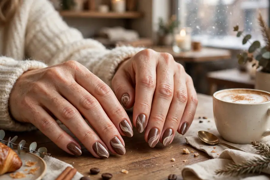 Milk chocolate and cream swirl hot chocolate nails on real hands