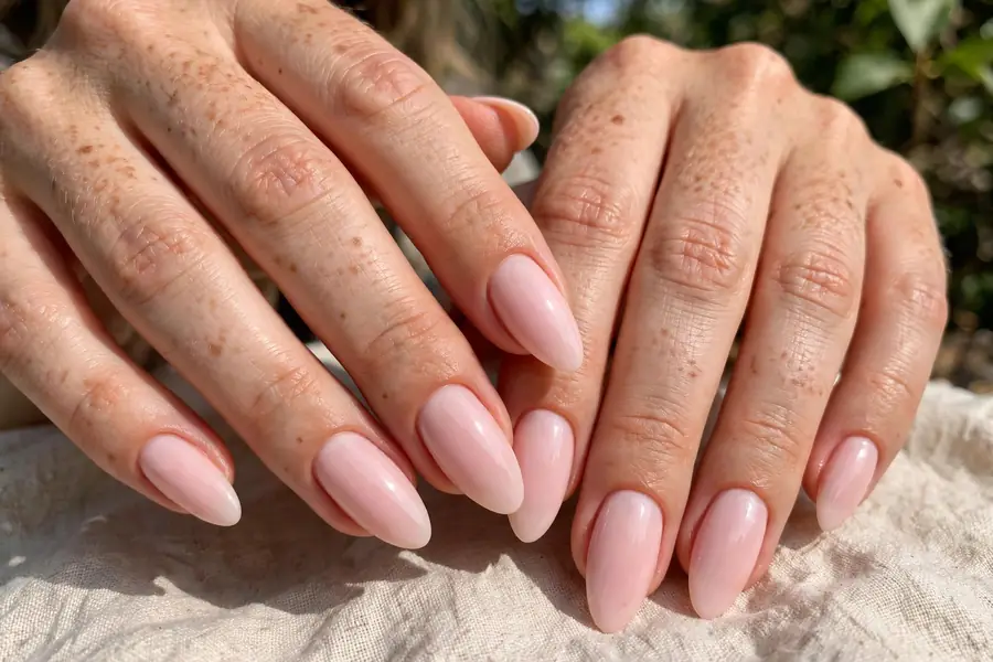 Milky blush almond nails on real hands with a creamy opaque pink manicure