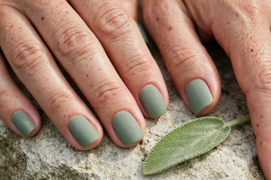 Muted matte sage green nails on real hands
