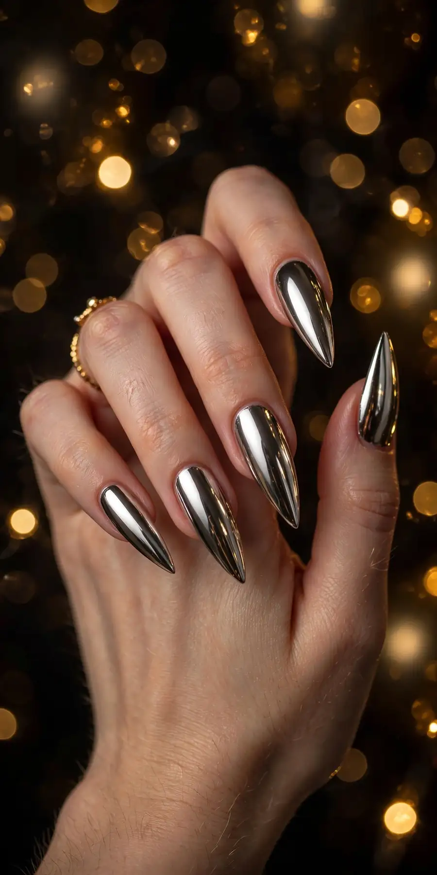 Silver chrome stiletto New Year's Eve nails