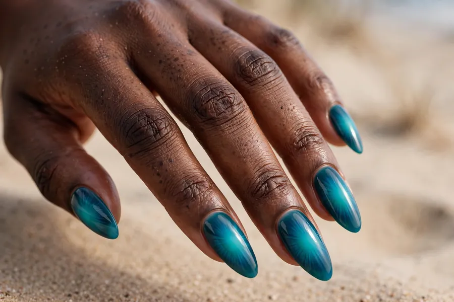 Ocean tide aura nails with teal and blue gradients radiating from the nail center
