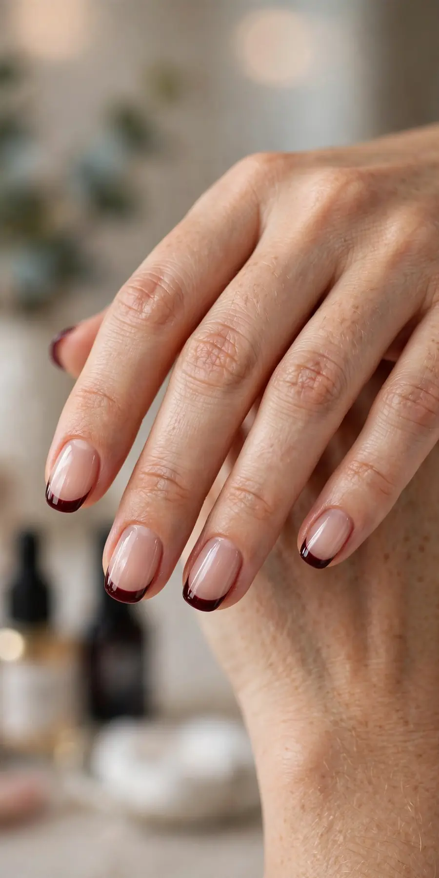 French tip manicure with dark oxblood burgundy tips