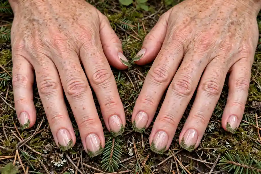 French manicure with evergreen pine needle tips on real hands