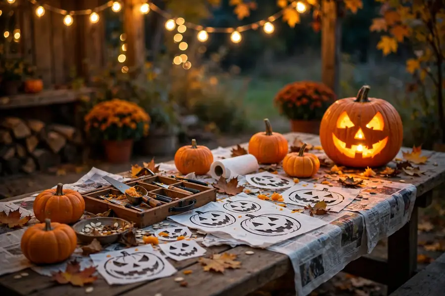 Pumpkin carving station with mini pumpkins, carving tools and finished glowing jack-o-lantern