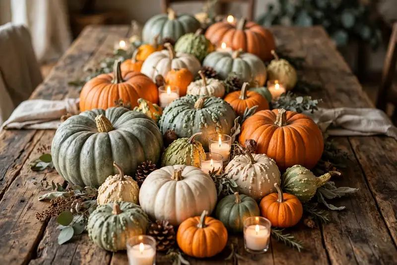 Harvest pumpkin centerpiece with gourds and candles for thanksgiving