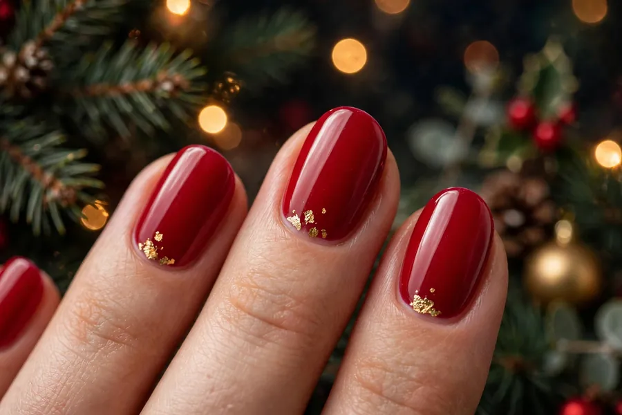 Red nails with delicate gold foil accents