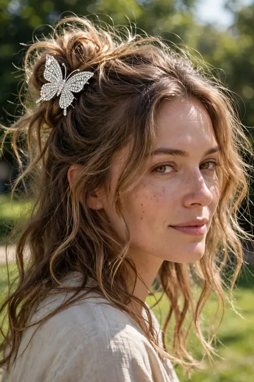 wavy hair wearing a sparkling rhinestone butterfly claw clip