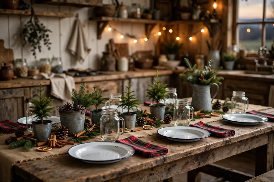 Rustic farmhouse christmas table with wooden table and burlap runner