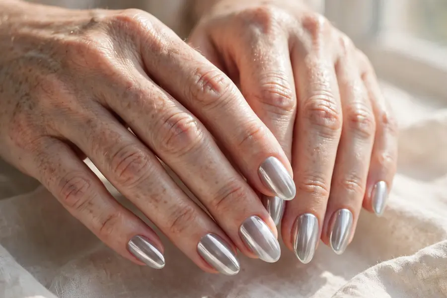 Sheer silver glazed chrome nails on real hands in soft daylight