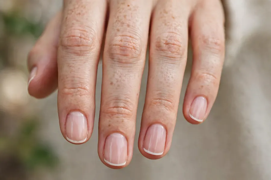 Short French tip nail designs on real hands