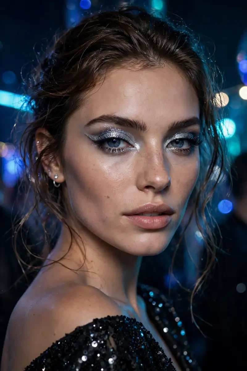Woman with a sparkling silver cut crease eyeshadow look for New Year's Eve