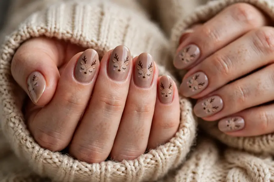 Sleepy reindeer face nails with closed eyes on real hands tucked into a cozy sweater