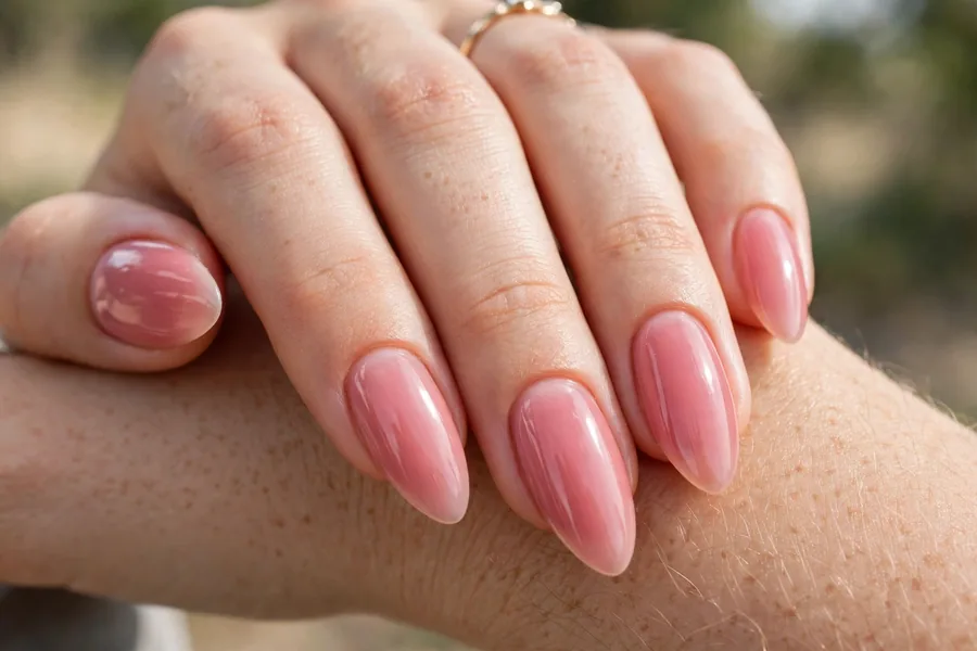 Real hand with milky strawberry pink lip gloss nails, glossy finish