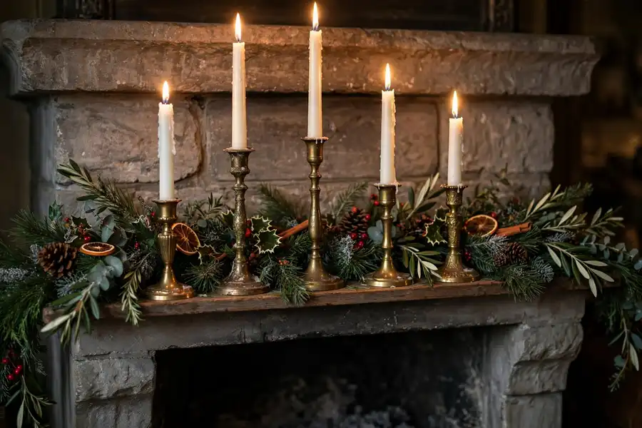 Taper candles in mixed brass candlesticks on a Christmas mantel