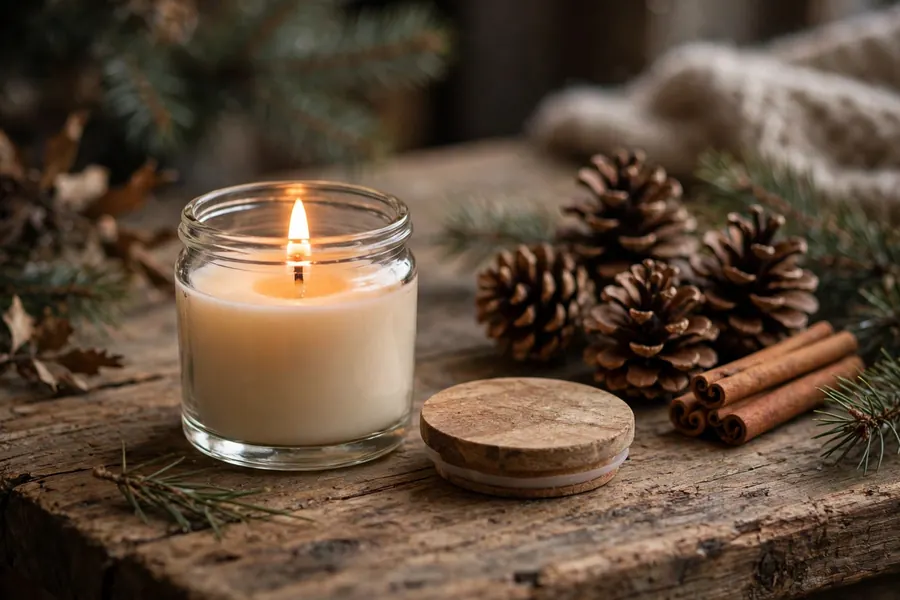 Small travel-size scented candle with glowing flame beside pine cones