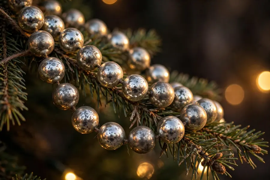 Vintage mercury glass bead garland draped over a Christmas tree branch