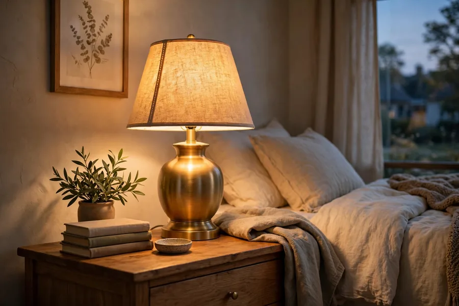 warm glowing bedside lamp on a wooden nightstand in a cozy bedroom