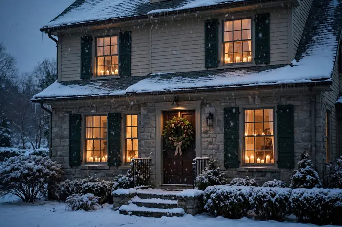 House windows glowing with warm Christmas candles and a wreath at dusk