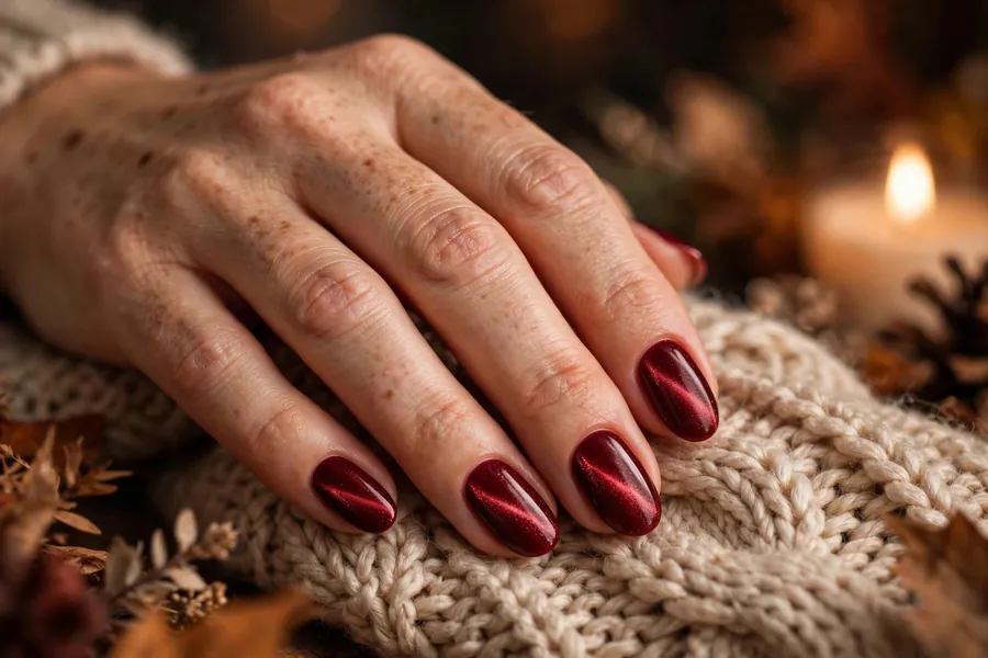 Wine velvet dark red cat eye nails with a soft diffused shimmer