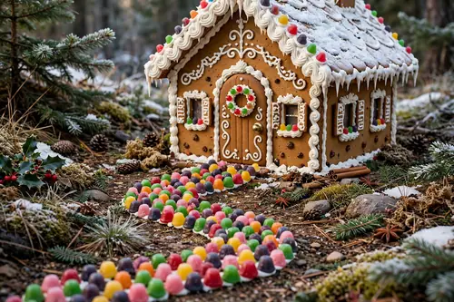 Photorealistic photograph of a gingerbread house with a winding path of gumdrops leading to the front door