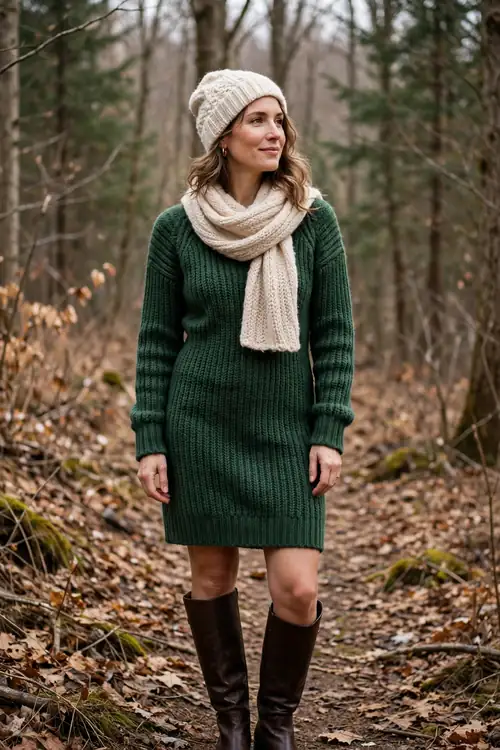 Woman in a forest green knit dress with dark brown knee-high boots