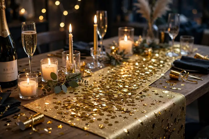Gold confetti table runner on a New Year's Eve party table
