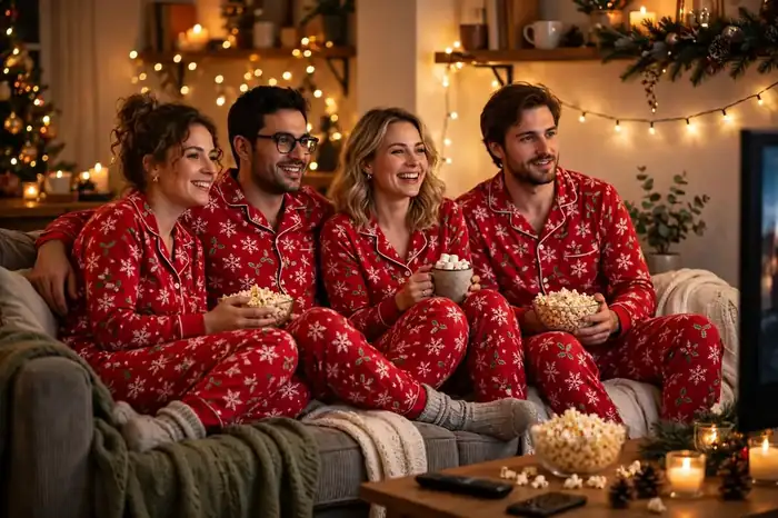 Friends in matching Christmas pajamas watching a movie with popcorn and fairy lights