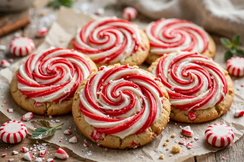 Round peppermint swirl cookies with red and white icing spirals