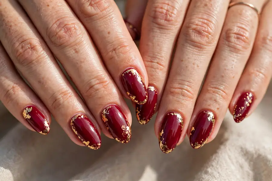 Cranberry nails with delicate gold foil accents