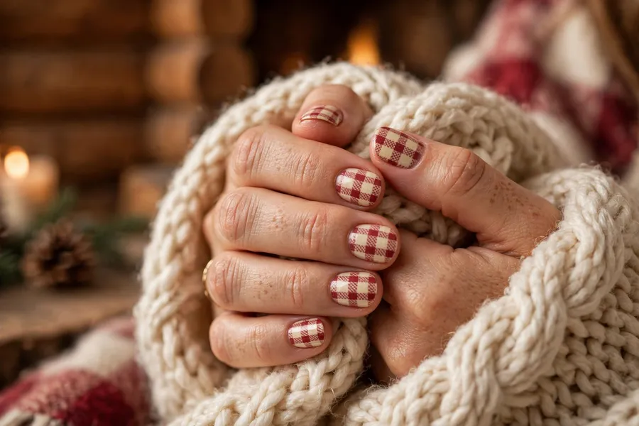 Cozy flannel plaid nails on short nails
