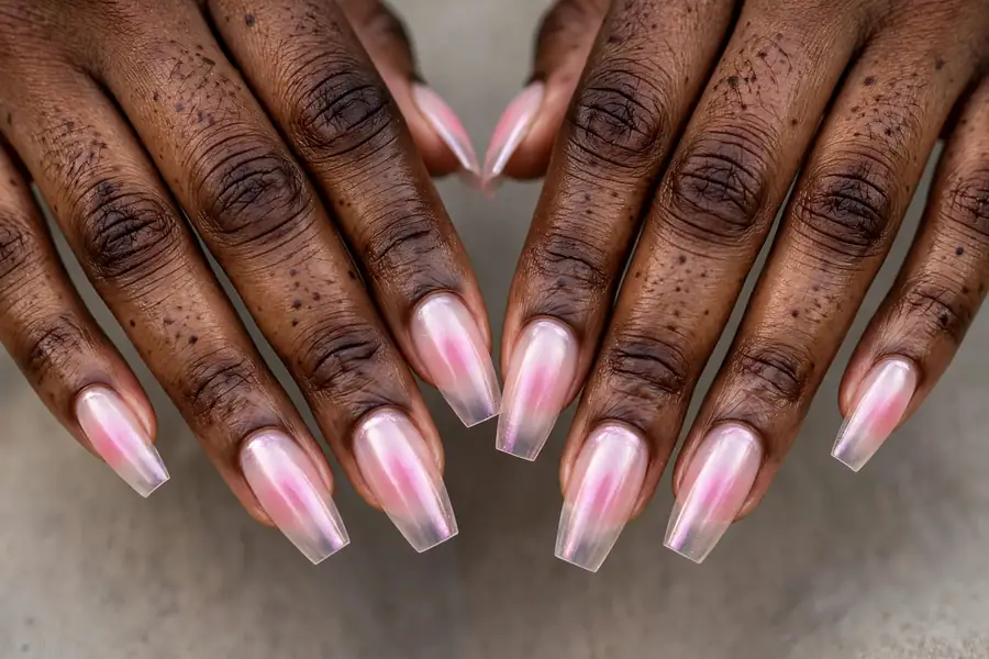 Aura jelly pink chrome nails with a soft blush gradient effect