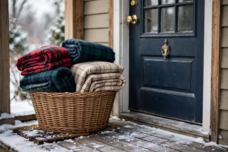 Photorealistic photograph of a woven basket filled with folded plaid blankets beside a winter front door