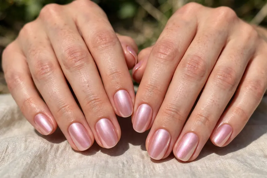 Blush chrome nails on real hands with a soft pearly pink shimmer finish
