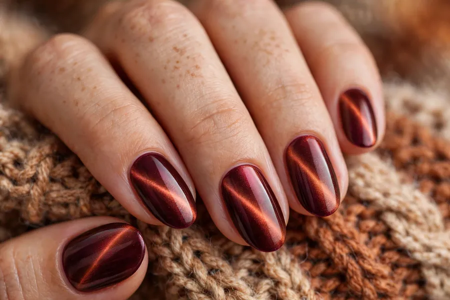 Oval nails with burgundy-to-copper two tone cat eye nail polish, warm metallic shimmer
