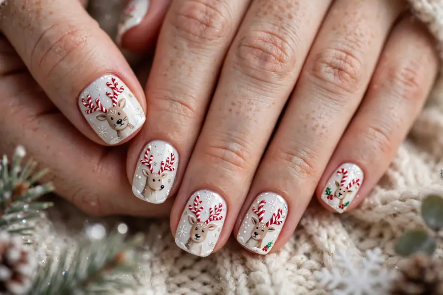 Reindeer nails with red and white candy cane striped antlers on real hands