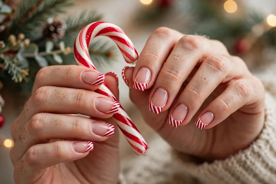 Candy cane striped Christmas French tip nails on real hands holding a candy cane