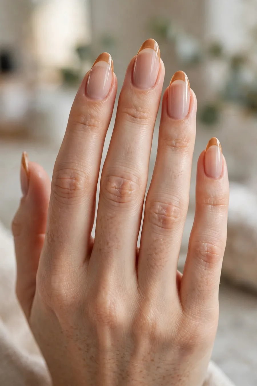 Caramel nude nails with caramel french tips on a sheer nude base