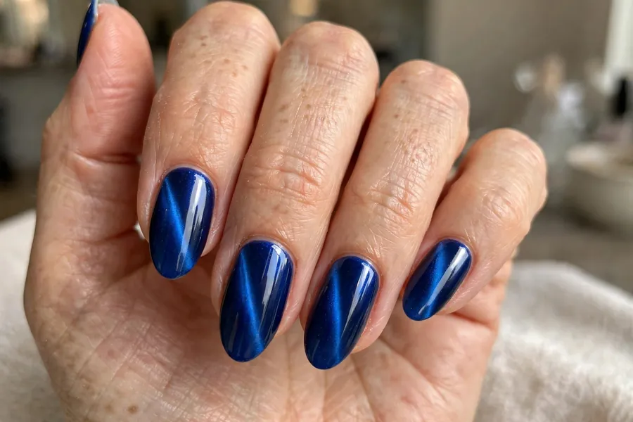 Sapphire blue cat-eye nails with dimensional stripe