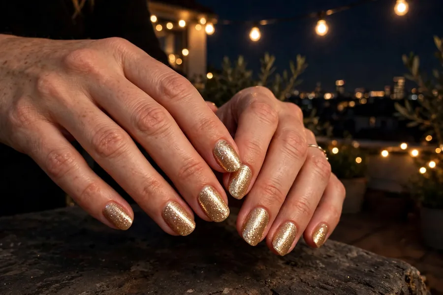Champagne gold glitter date night nails on real hands under rooftop string lights