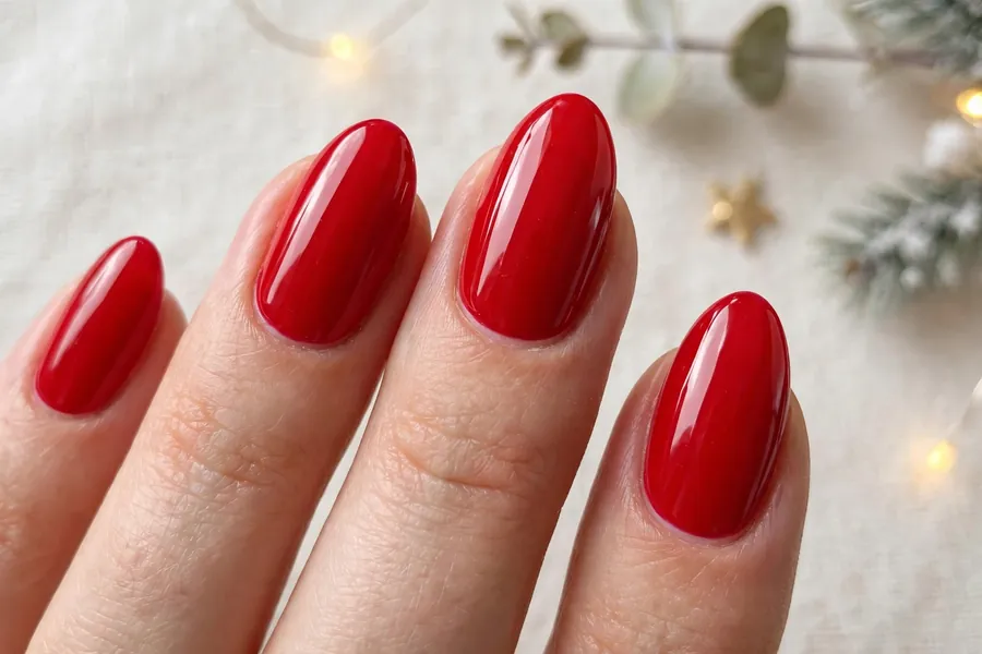 Cherry red polish on almond shaped nails