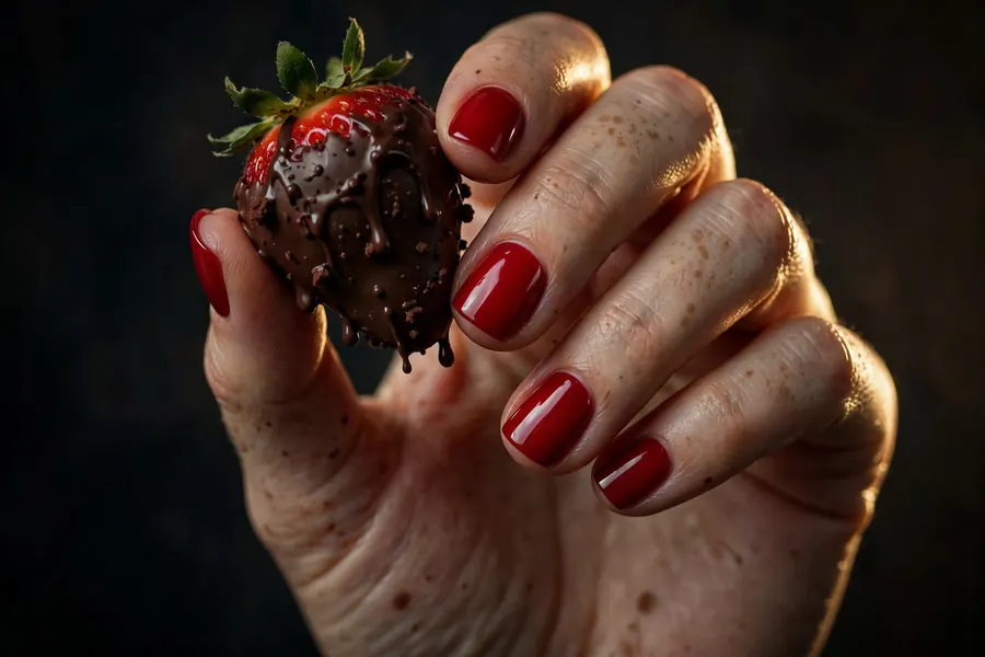 Glossy cherry red Valentine's Day nails, short square shape