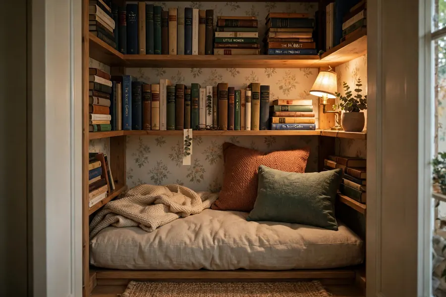 Small closet converted into a cozy reading nook with shelves books and a cushion