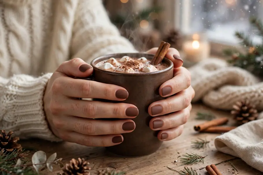 Matte cocoa powder hot chocolate nails on real hands with a cup of cocoa