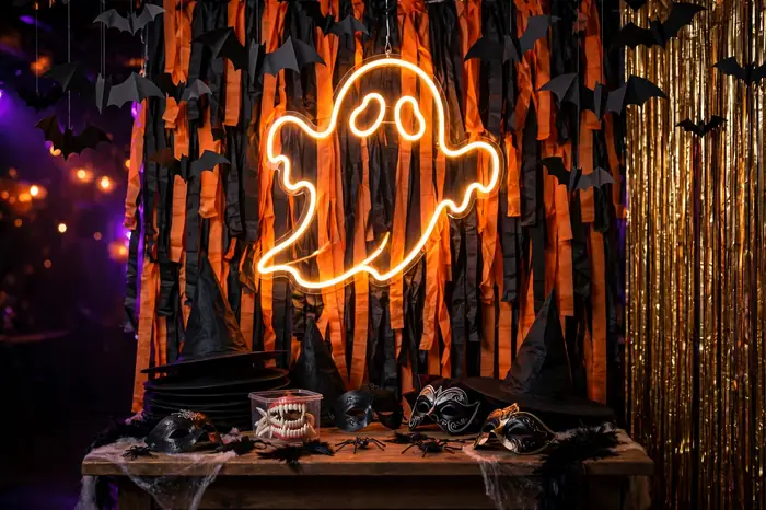Halloween costume photo wall with fringe curtains, hanging bats and prop table with hats and masks