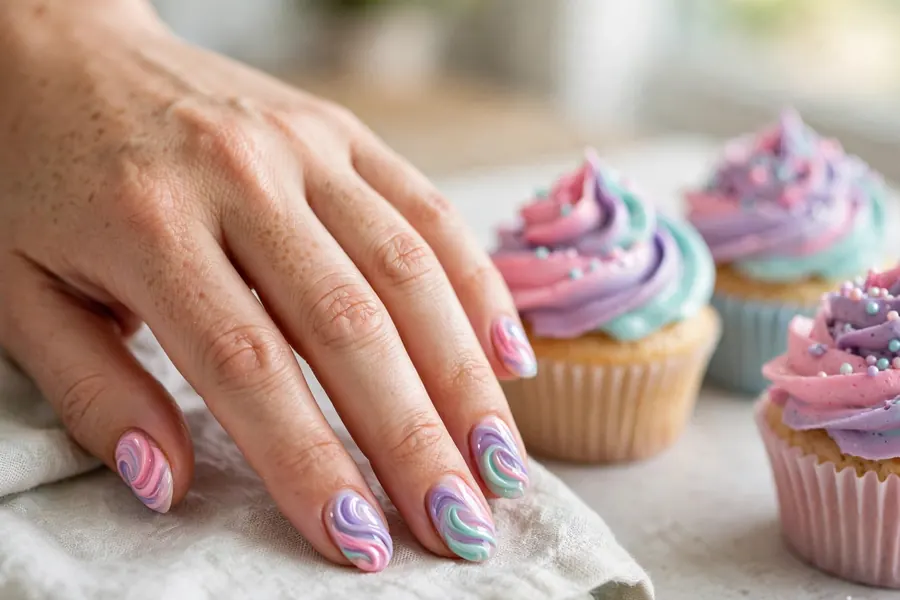 Pastel swirl cupcake frosting birthday nails