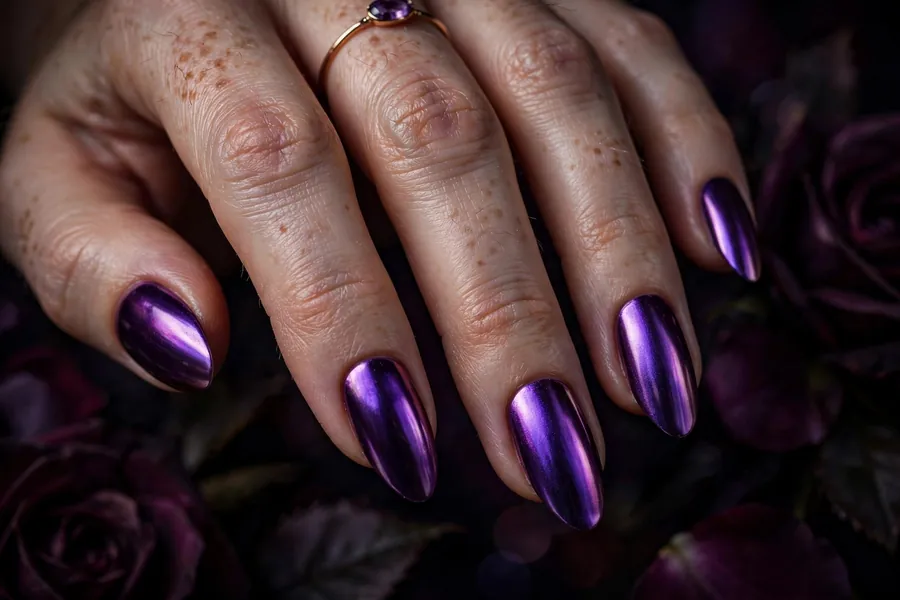 Deep purple gothic chrome nails with violet metallic shift